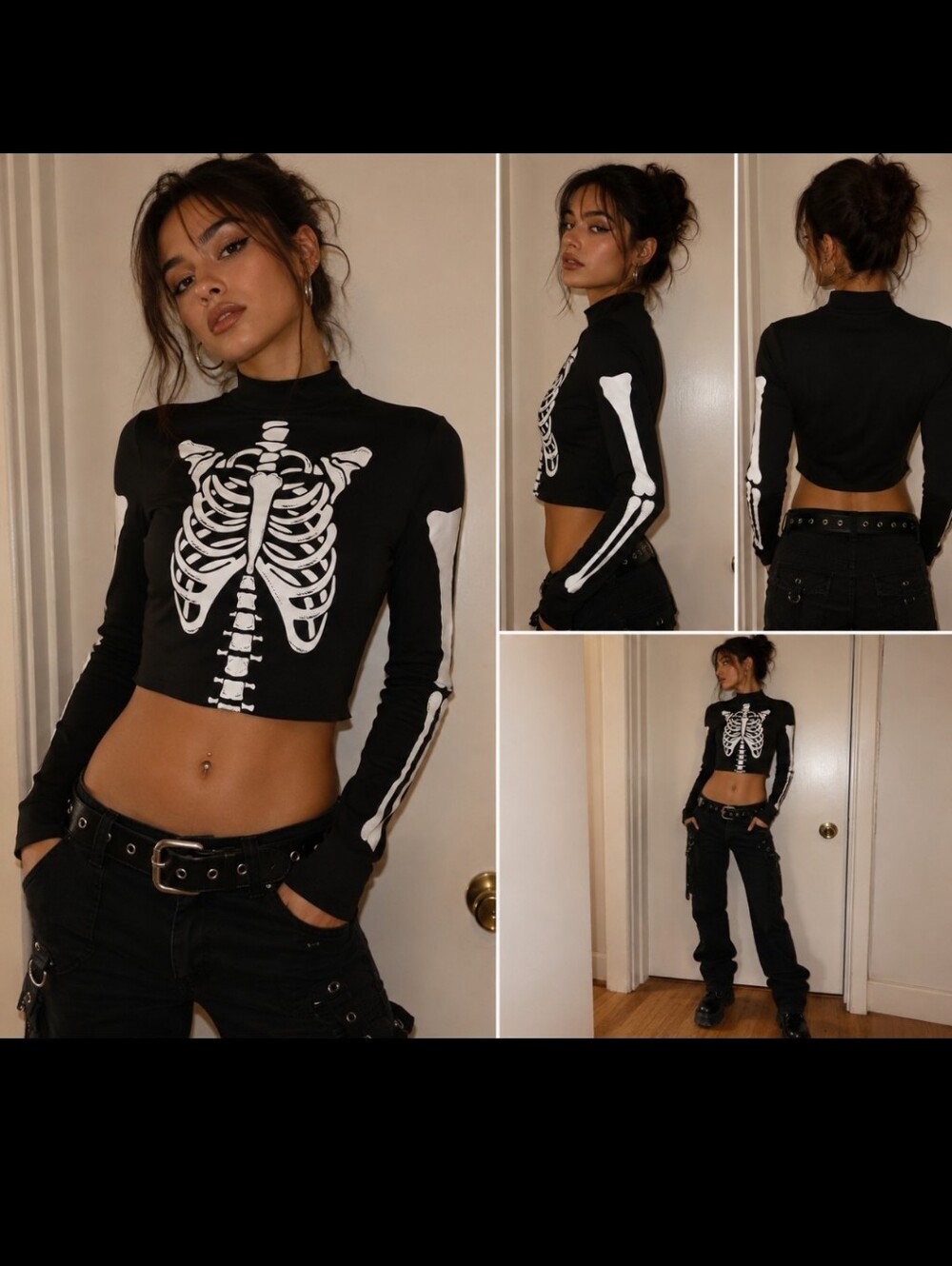 Black Skeleton Print Cropped Long-Sleeve Top